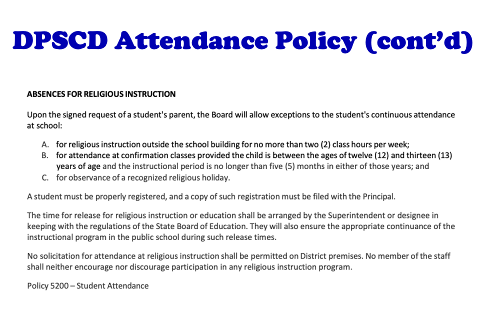 district attendance policy page 3 on white paper with blue banner